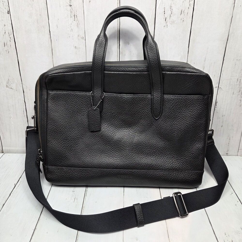 Coach Hamilton Pebble Leather Double Zip Briefcase Messenger Bag Black F27617